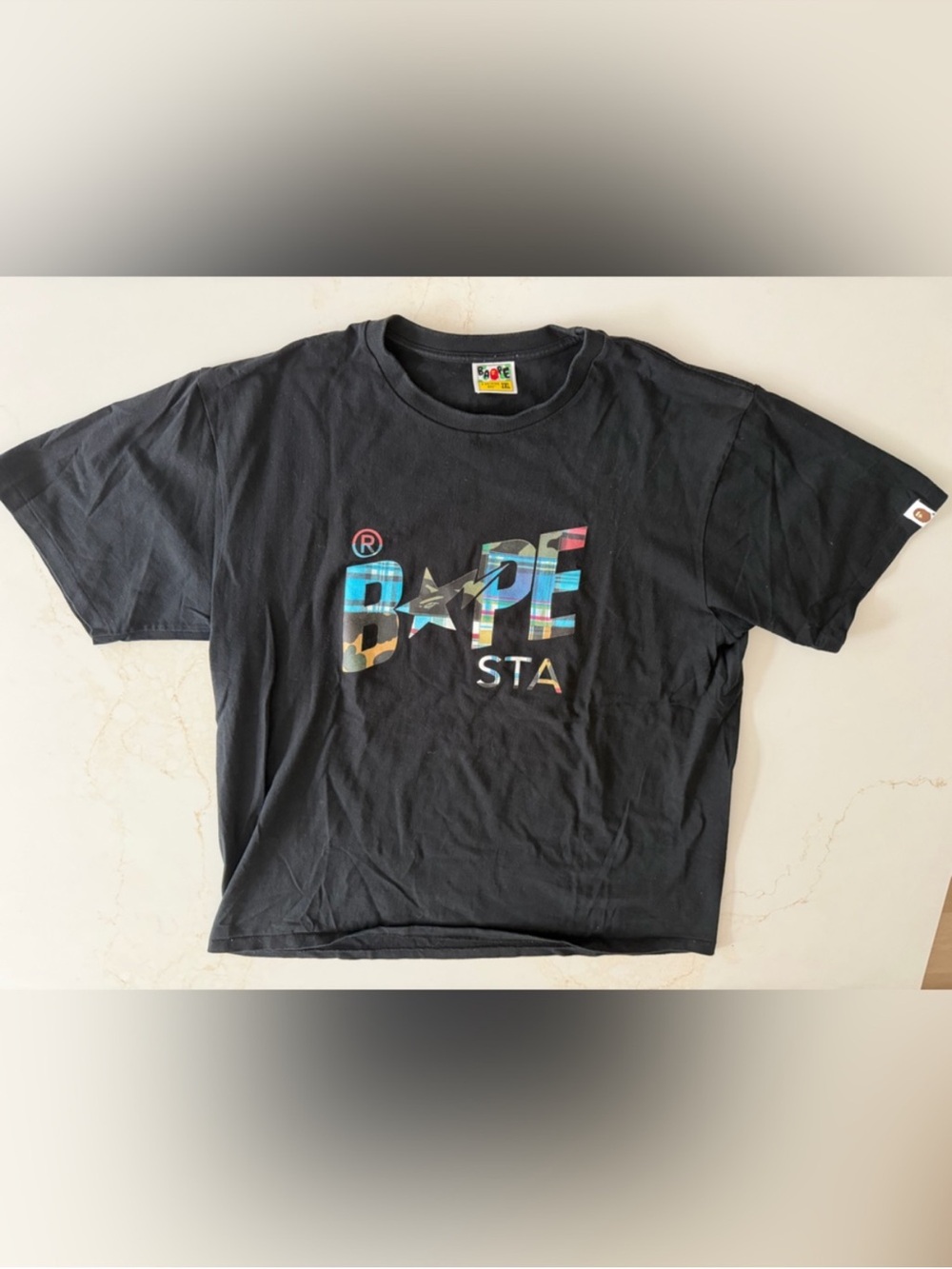 Bape Black Tee with Multicolor Camouflage Logo